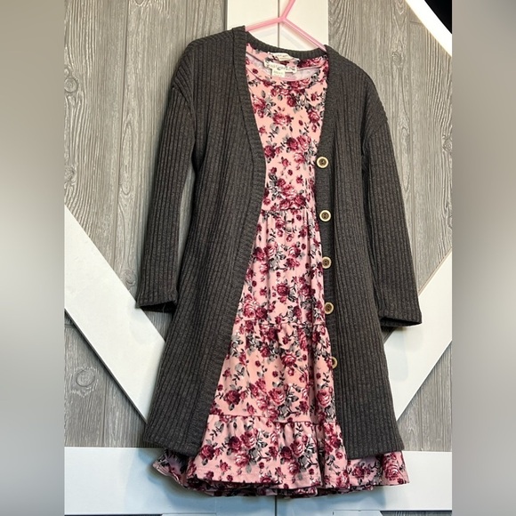 189. NWOT Girls 4-16 Knit Works Tiered Dress & Button-Down Knit Cardigan - Picture 1 of 2